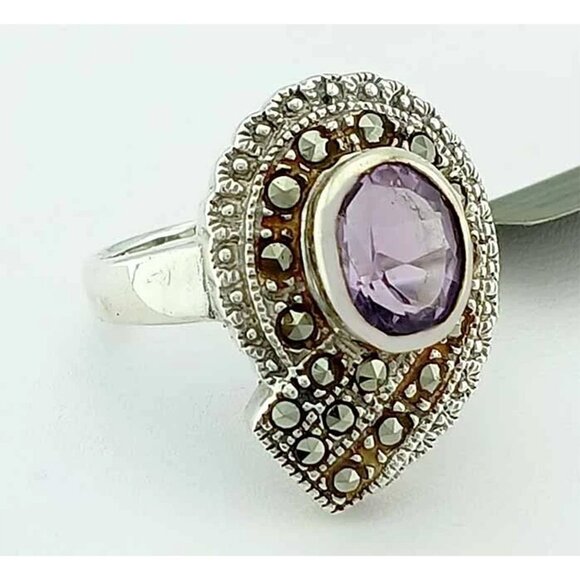 Genuine 1.50 Cts Amethyst & Lab Marcasite Ring .925 Sterling Silver - Picture 4 of 5
